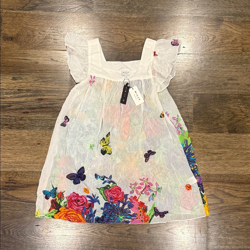 Milly Minis White Dress with Colorful Floral and Butterfly Design